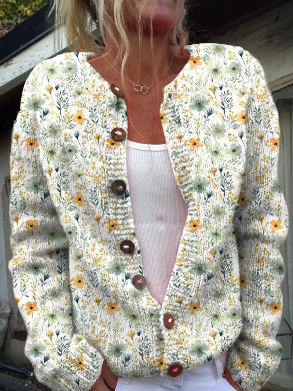 Watercolor French Rose Repeat Pattern Print Buttoned Cardigan Sweater My Store