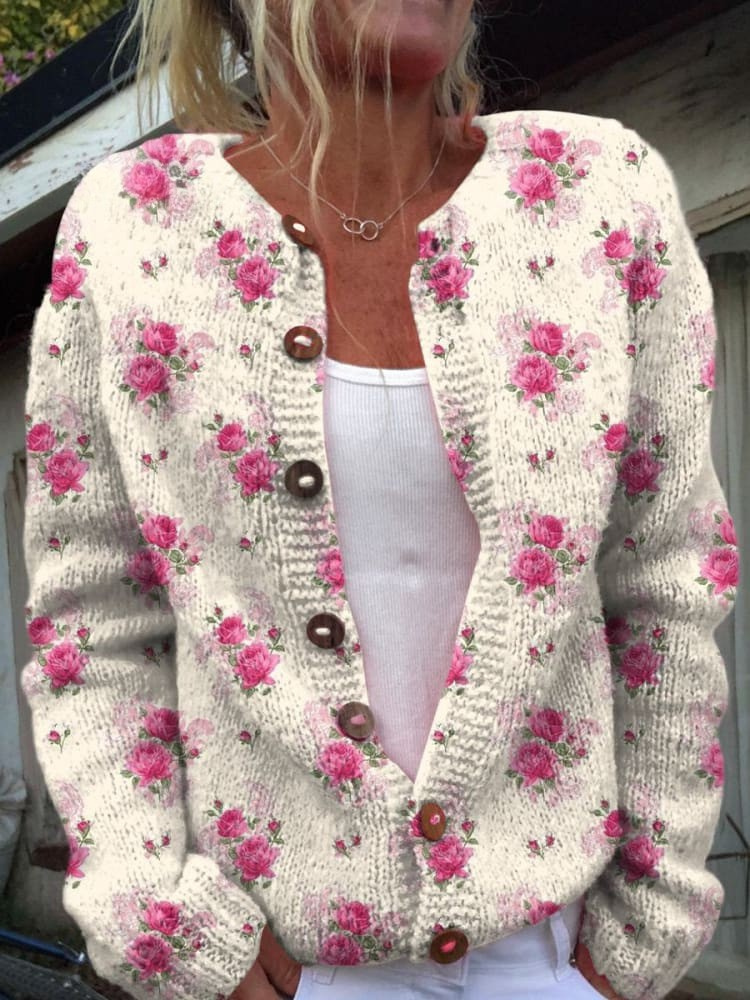 Watercolor French Rose Repeat Pattern Print Buttoned Cardigan Sweater My Store