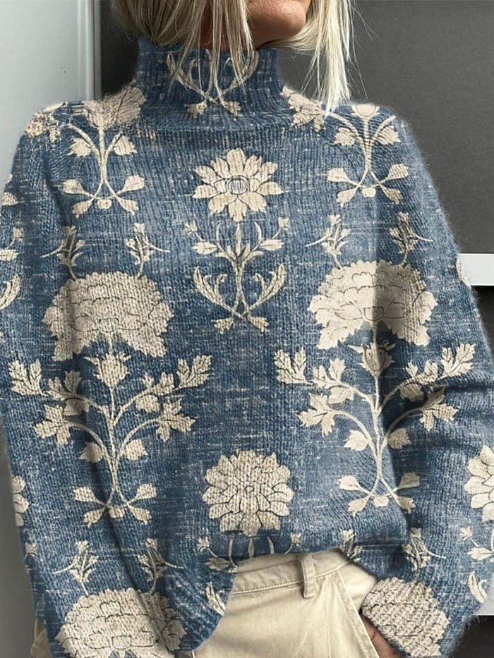Women's Vintage Lovely Floral Art Print Knit Turtleneck Pullover Sweater Emma & Rose Vancouver